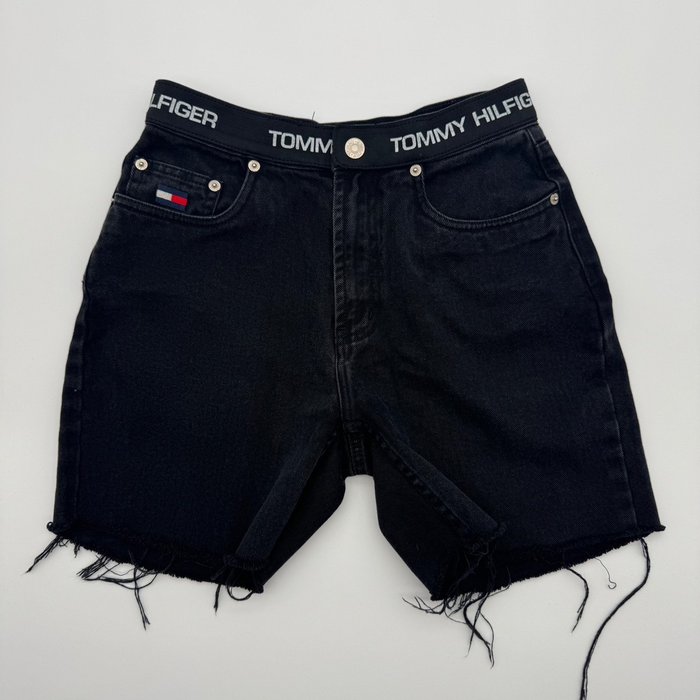 Tommy Hilfiger Vintage Black Denim Shorts Logo Jorts Waistband Womens‎ Size 2